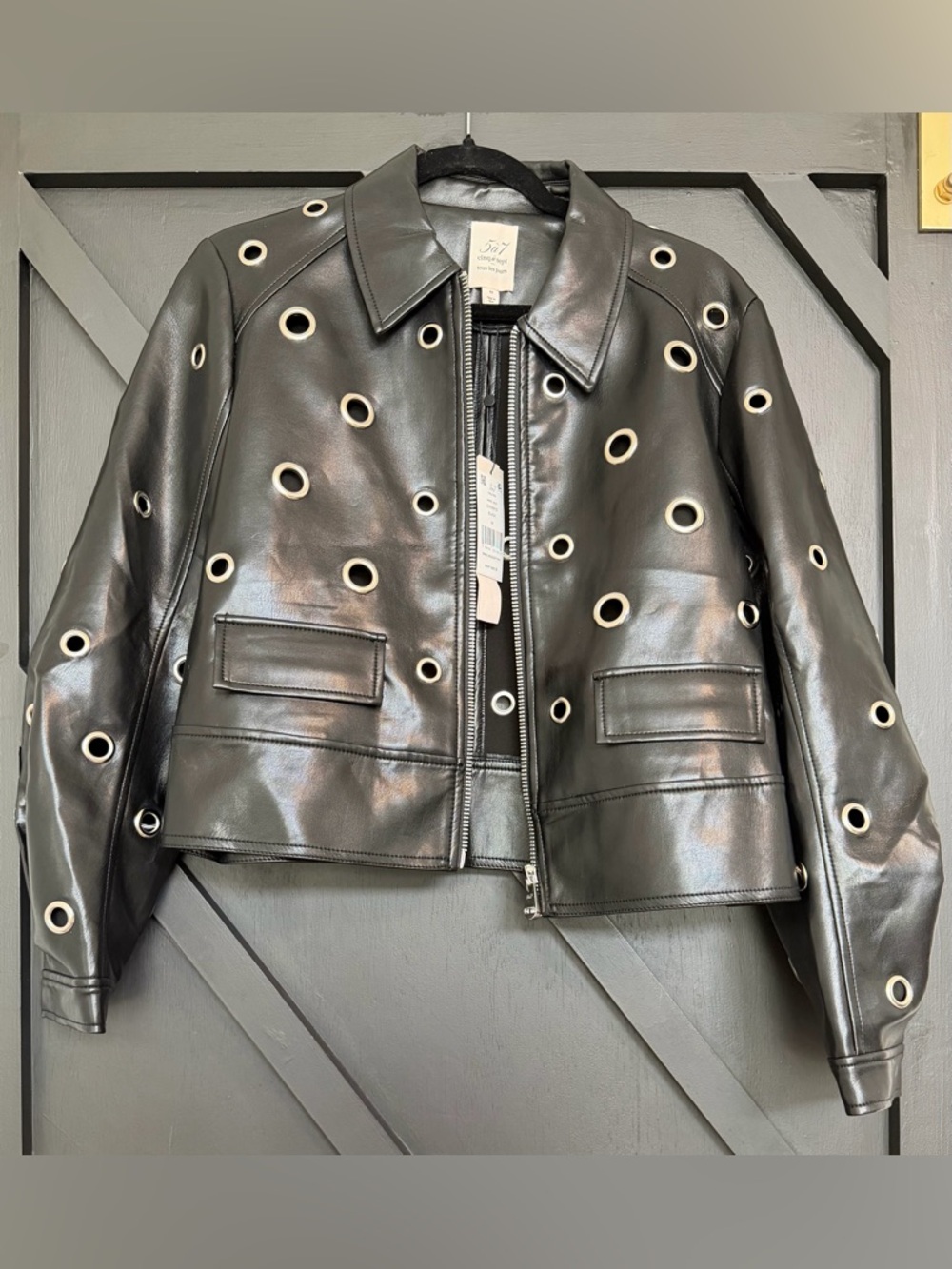 NWT Cinq a Sept Harriet Faux Leather Grommet Jacket in Black, Size Medium - Picture 6 of 11
